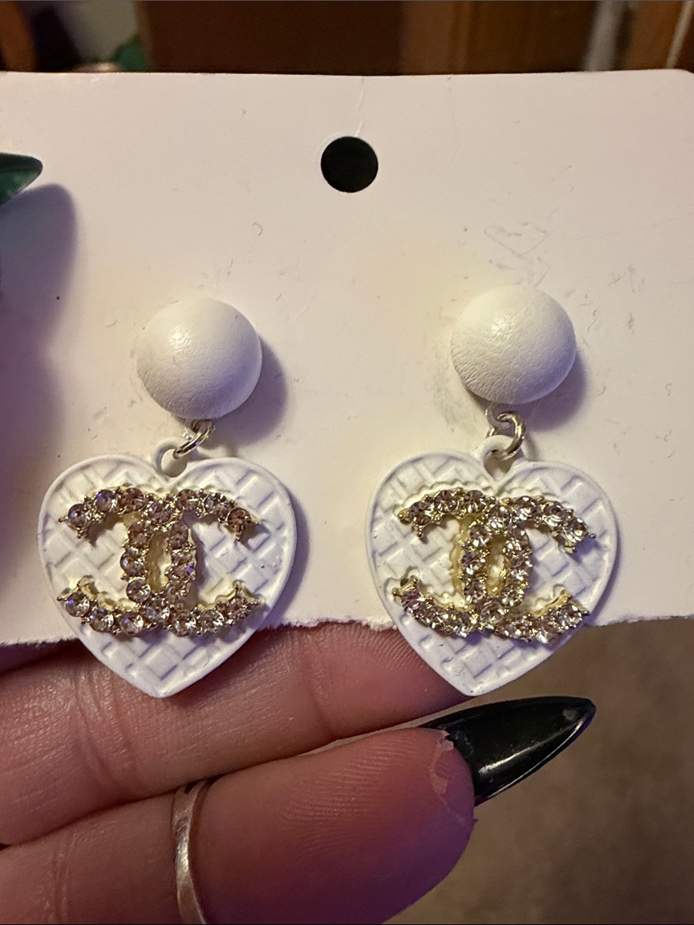 CC White Heart Drop Earrings with Gold Crystal Logo Accent AUTHENTIC